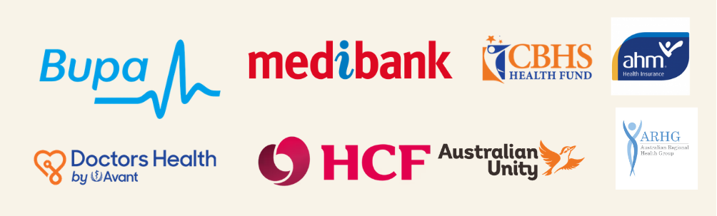 Private health funds accepted: Bupa, Medibank, ahm, CBHS, HCF, ARHG, Australian Unity, Doctors' Health Fund